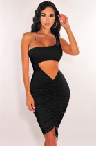 Solid Color Party One Shoulder Drawstrings Dress