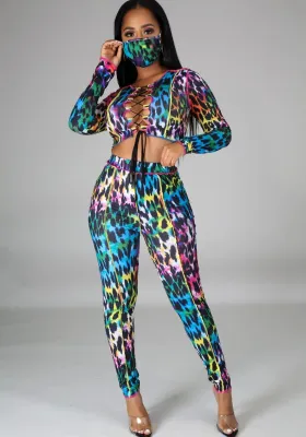 Party Lace-Up Colorful Crop Top and Pants Matching Set with Face Cover