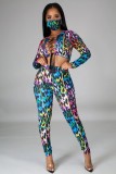 Party Lace-Up Colorful Crop Top and Pants Matching Set with Face Cover