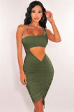 Solid Color Party One Shoulder Drawstrings Dress