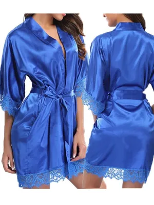Sexy Lace Patch Satin Pajama Robe with Panty Set