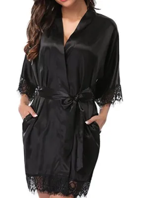 Sexy Lace Patch Satin Pajama Robe with Panty Set