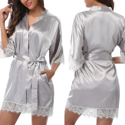 Sexy Lace Patch Satin Pajama Robe with Panty Set