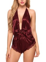 Sexy Lace Patch Deep-V Satin Halter Rompers Pajama