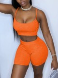 Summer Casual Fit Solid Strap Crop Top and Shorts Matching Set