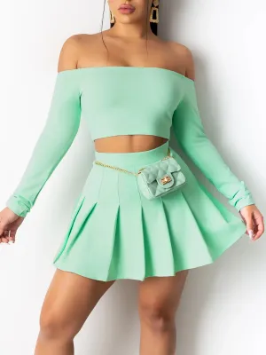 Solid Off Shoulder Crop Top and Pleated Skirt Set