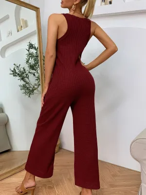 Summer Solid Sleeveless Wide Legges Casual Jumpsuit
