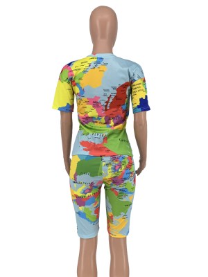 Summer Casual Map Print Fit Shirt and Shorts Set