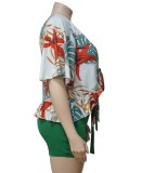 Plus Size Summer Print Green Blouse and Shorts Matching Set