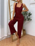 Summer Solid Sleeveless Wide Legges Casual Jumpsuit