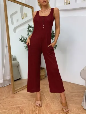 Summer Solid Sleeveless Wide Legges Casual Jumpsuit
