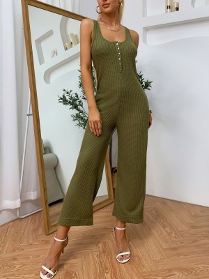 Summer Solid Sleeveless Wide Legges Casual Jumpsuit