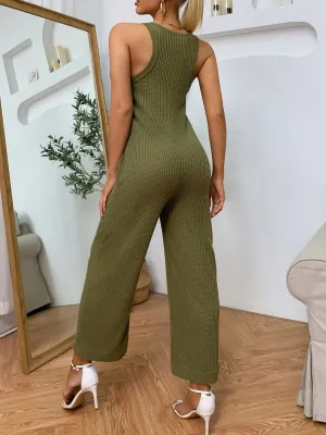 Summer Solid Sleeveless Wide Legges Casual Jumpsuit