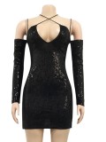 Sexy Sequins Slit Straps Club Dress with Gloves