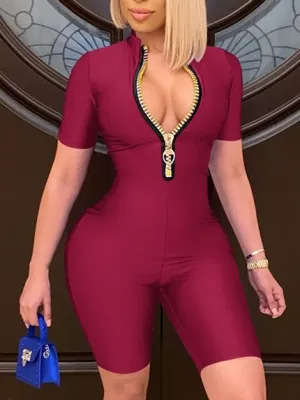 Summer Sexy Zip Up Solid Bodycon Rompers