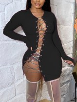 Party Sexy Long Sleeve Chains Lace Up Bodycon Dress