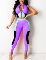 Sexy Two Piece Contrast Tight Zipped Crop Top and High Waist Pants Set