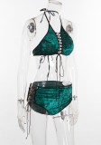 Sexy Green Velvet Lace-Up Halter Bra and High Waist Panty 2PC Lingerie Set