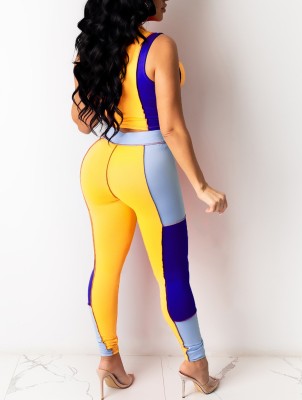 Sexy Two Piece Contrast Tight Zipped Crop Top and High Waist Pants Set