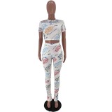 Summer Letter Print Tight Crop Top and Pants 2PC Set