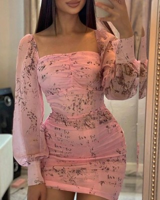 Spring Print Pink Pop Sleeve Elegant Mini Dress