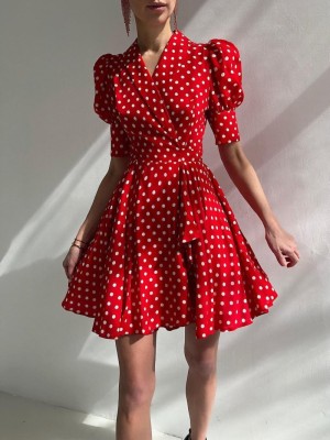 Summer Polka Print Vintage Prom Dress with Pop Sleeves