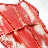 Summer Tie Dye Ruched Strings Strap Mini Dress