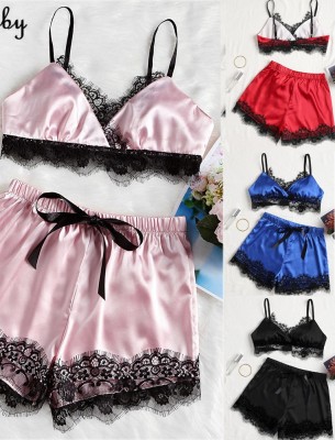 Summer Lace Patch Satin Strap Crop Top and Shorts 2PC Matching Pajama Set