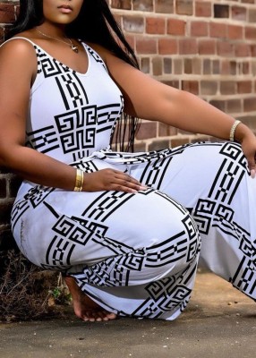 Summer White and Black Print Strap Loose Jumpsuit with Belt