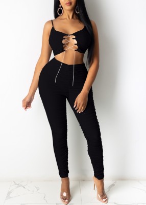 Summer Solid Sexy Lace-Up Crop Top and High Waist Ruched Pants 2PC Matching Set