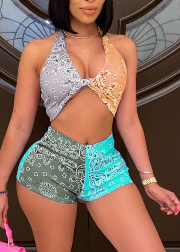 Party Print Contrast Sexy Halter Bra and Shorts Matching Set