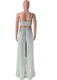 Summer Solid Strap Long Top and Loose Pants 2PC Matching Set