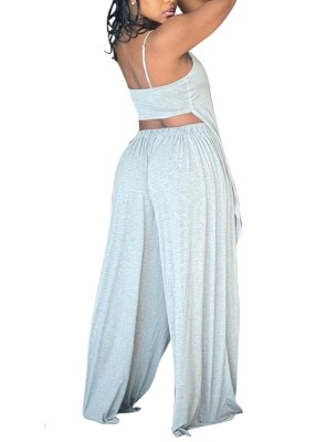 Summer Solid Strap Long Top and Loose Pants 2PC Matching Set