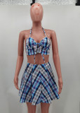 Summer Plaid Print Halter Crop Top and High Waist Pleated Skirt Matching 2PC Set