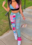 Summer Print Colorful Halter Bra and High Waist Jeans Matching 2PC Set