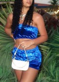 Summer Velvet Blue Bandeau Crop Top and Shorts Matching 2PC Set