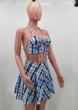 Summer Plaid Print Halter Crop Top and High Waist Pleated Skirt Matching 2PC Set