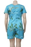 Plus Size Summer Print Green V-Neck Knotted Casual Rompers