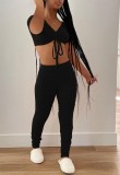 Summer Solid Sexy Ruched Crop Top and Pants Matching 2pc Set