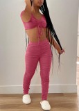 Summer Solid Sexy Ruched Crop Top and Pants Matching 2pc Set