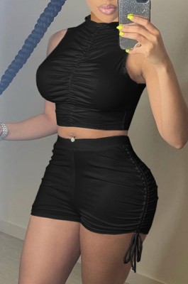 Summer Black Sexy Ruched Crop Top and Shorts Matching Set