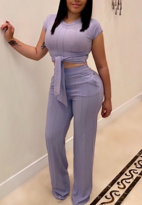 Summer Casual Purple Ribbed Knot Crop Top and Pants Matching Set