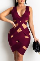 Summer Red Hollow Out Sleeveless Party Sexy Bodycon Dress