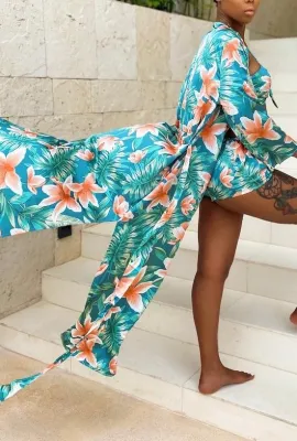 Summer Print 3 Piece Bikini Top and Shorts with Matching Cover-Up