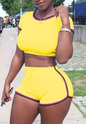 Summer Sports Yellow Tight Crop Top and Biker Shorts Two Piece Matching Set