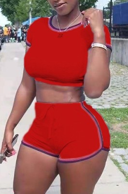 Summer Sports Red Tight Crop Top and Biker Shorts Two Piece Matching Set