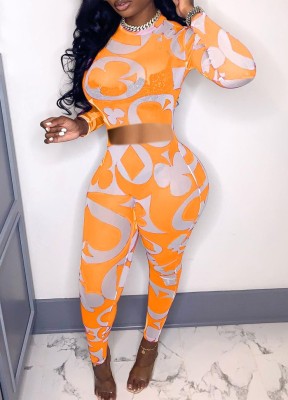 Spring Sexy Print Transparent Crop Top and Pants Two Piece Bodycon Set