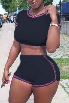 Summer Sports Black Tight Crop Top and Biker Shorts Two Piece Matching Set