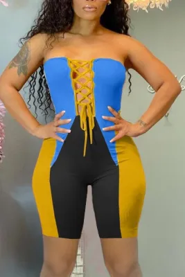 Summer Party Sexy Strapless Contrast Lace-Up Bodycon Rompers