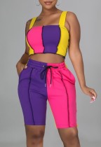 Summer Casual Contrast Color Wide Strap Crop Top and Shorts Two Piece Matching Set